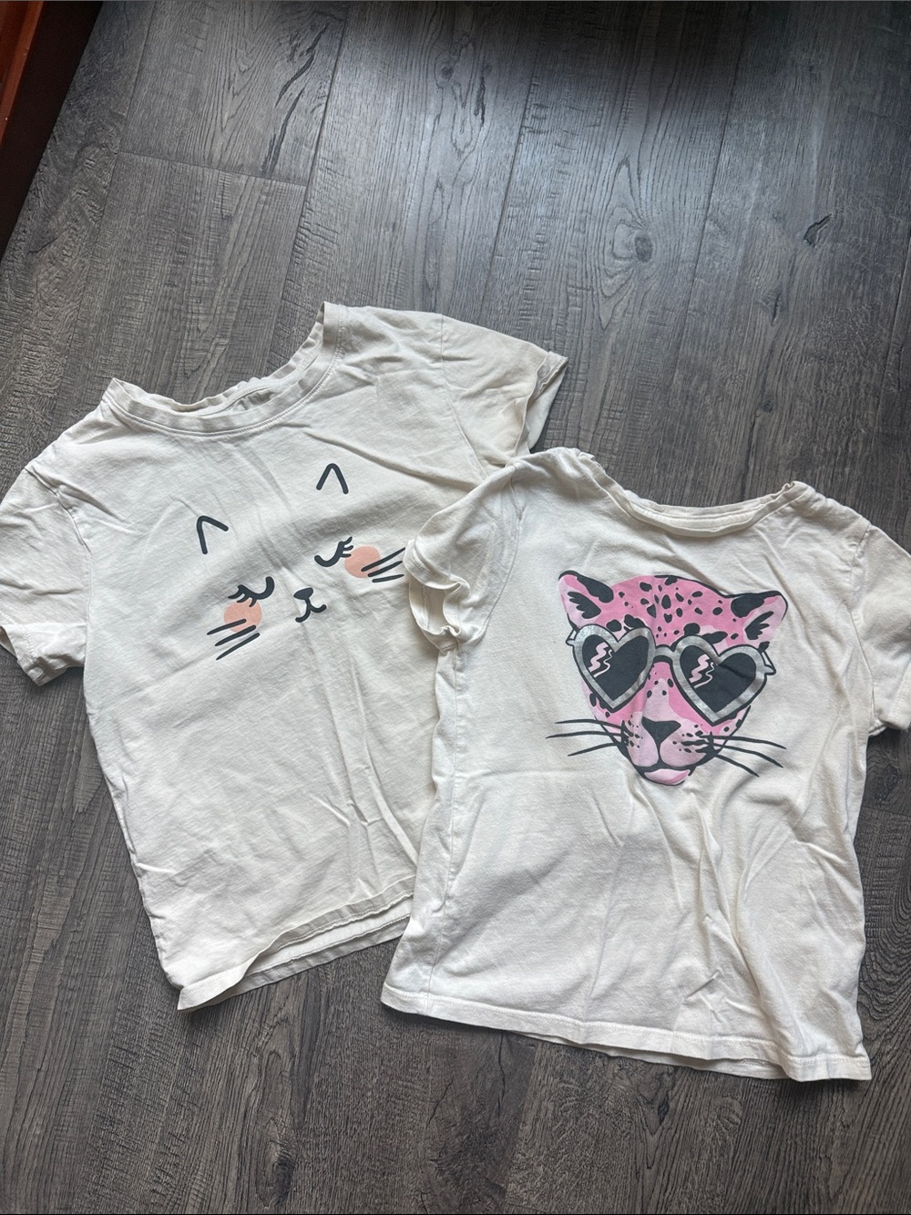 Kids Cream Cat & Pink Leopard Graphic Tees